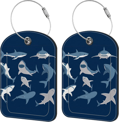 2 Pack Cute Luggage Tag for Suitcases Shark Set Leather Luggage Tags with Stainless Steel Loop Privacy Flap Name Tags,Men and Women Travel Bag Suitcase Tags