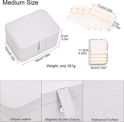 2 Layer Portable Jewelry Box, Large Jewelry Travel Case with 4 Jewelry Pouches, Medium Size Jewelry Organizer Box for Earrings, Necklaces, Bracelets (light gray)