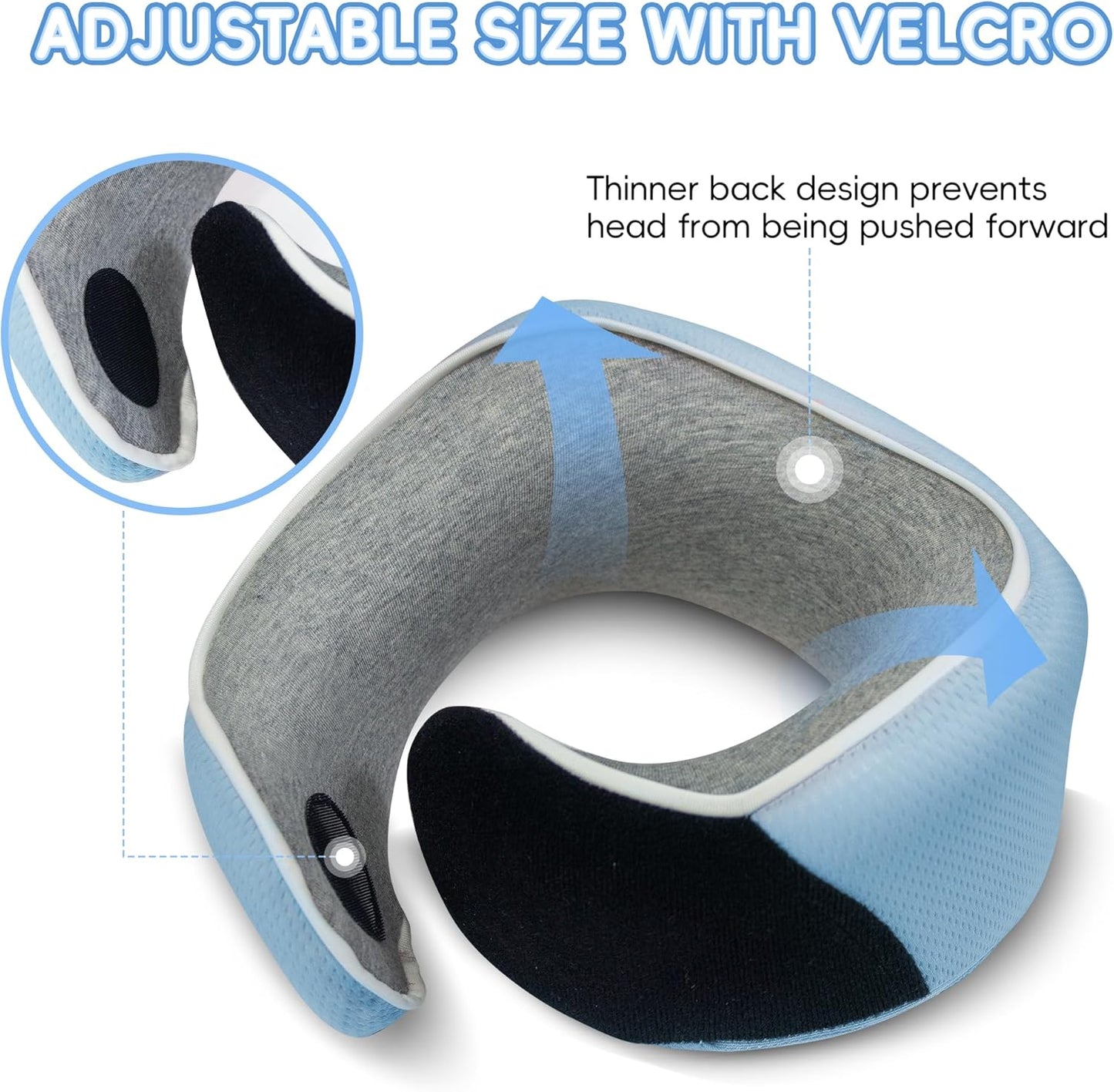 Junior Kids Travel Neck Pillow - Ergonomic Memory Foam Pillow for Airplane, Car, Booster Seat - Soft, Washable, Compact Travel Pillow with Strap - Light Blue - Ages 4–13