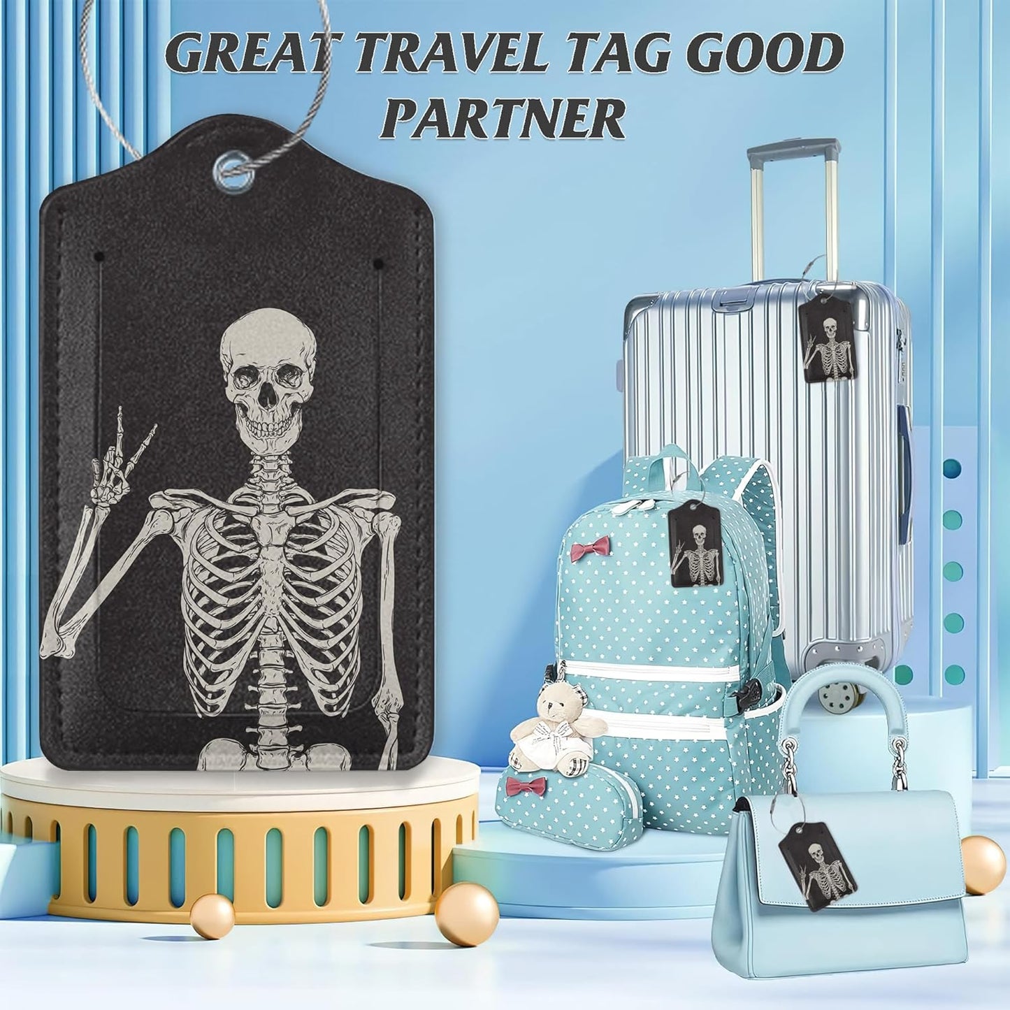 3 Pack Luggage Tag for Suitcase,Rock Roll Skeleton Leather Luggage Tags with Privacy Cover Name ID Label Identifiers Travel Bag Tags for Women Men Boys Girls