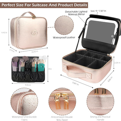 MOMIRA Travel Makeup Bag Cosmetic Bag Makeup Organizer Bag with Lighted Mirror, Adjustable Brightness in 3 Color Scenarios, Waterproof Makeup Train Case, Gift for Women - Champagne