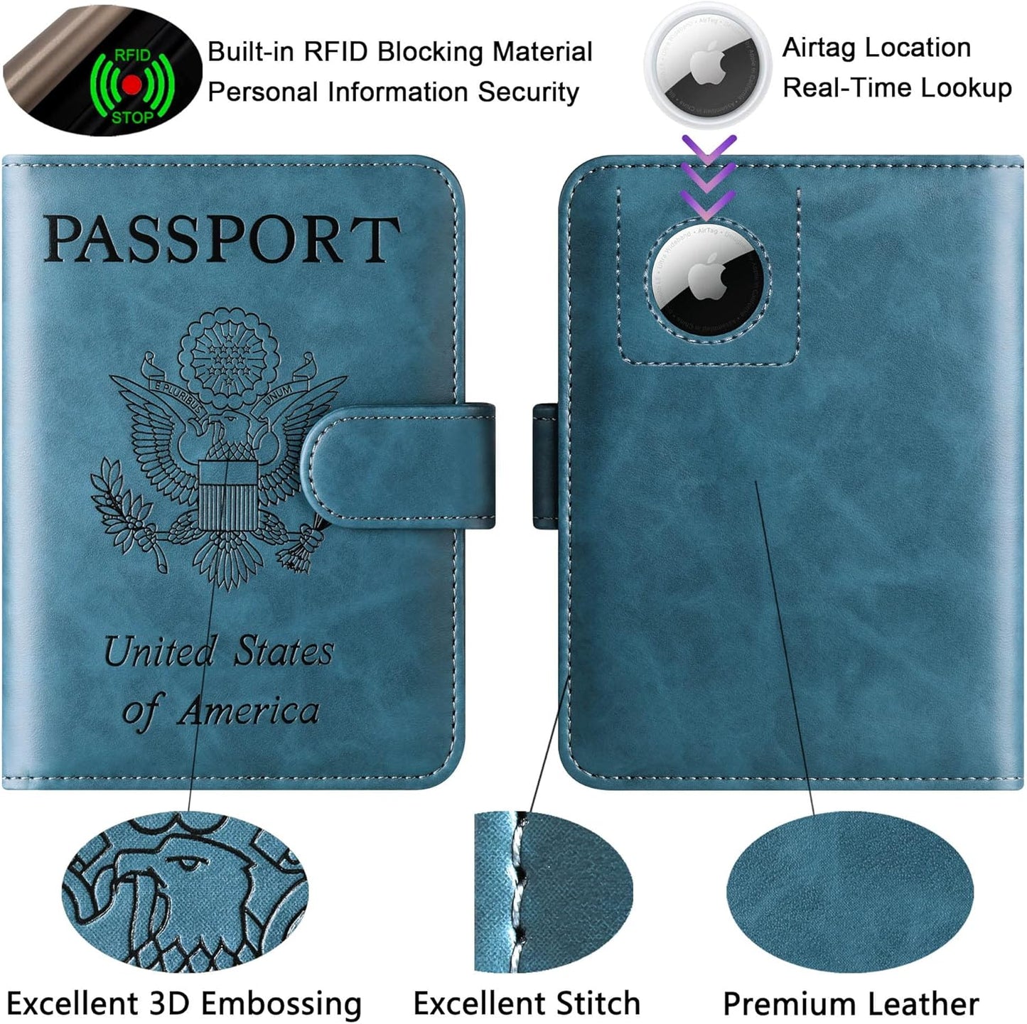 Airtag Passport Holder Cover Wallet Travel Essentials Leather Rfid Blocking Case Vacation Luggage Must Haves Travel Accessories for Men Women (117#Blue)