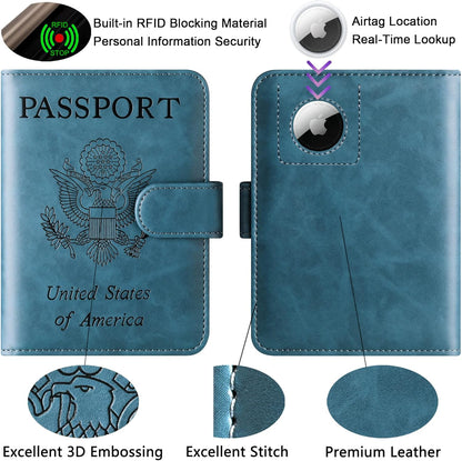 Airtag Passport Holder Cover Wallet Travel Essentials Leather Rfid Blocking Case Vacation Luggage Must Haves Travel Accessories for Men Women (117#Blue)