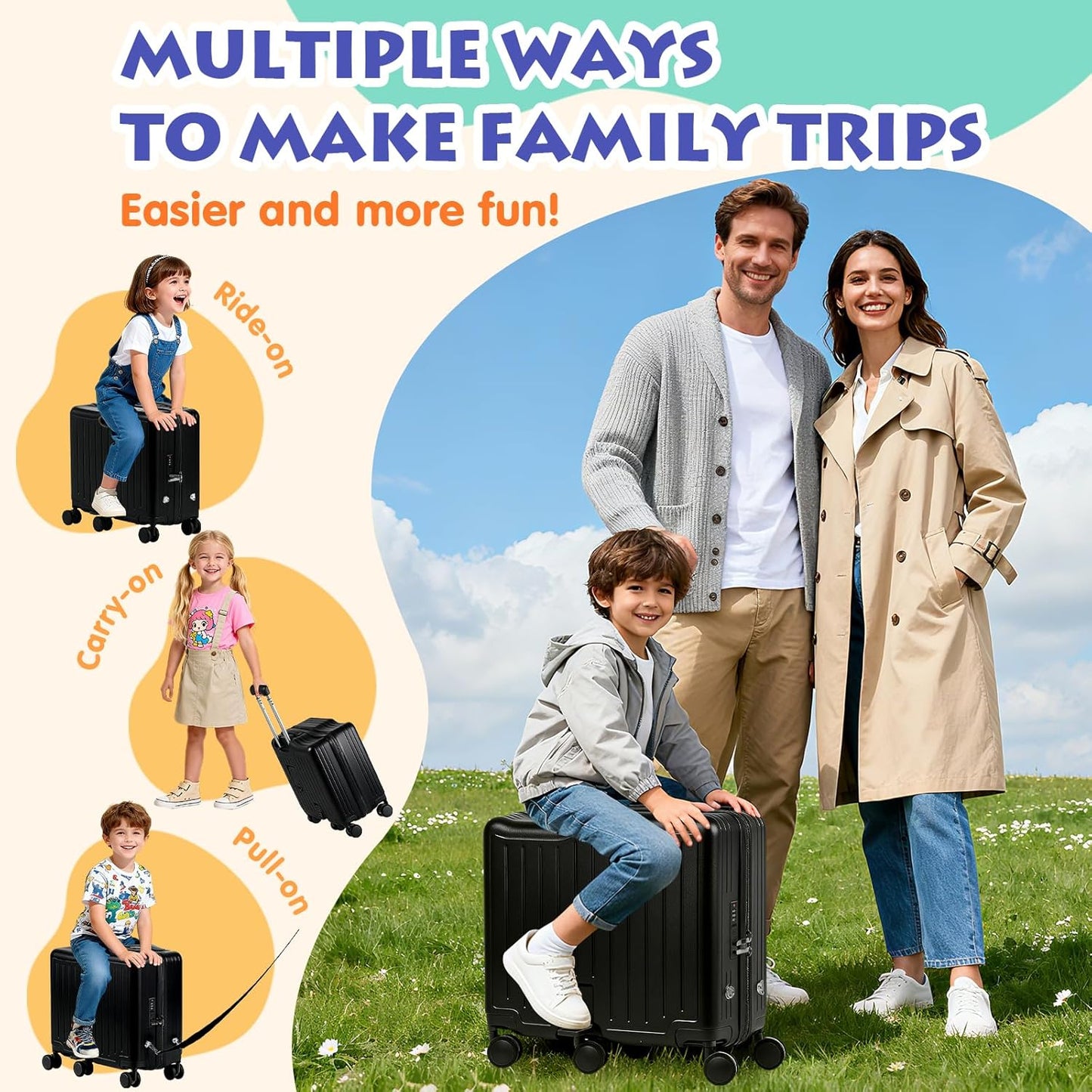 Kids Ride-On Luggage, 20" Hardshell Carry-On Suitcase with 6 Spinner Wheels, Foldable Pedal, Hidden Cup Holder & Combination Lock for Toddlers & Children (Black, 20-inch)