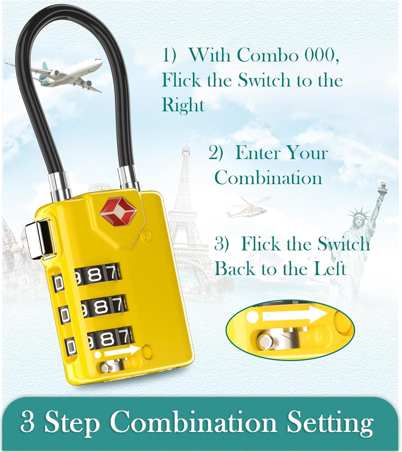 Search Alert TSA Approved Travel Combination Luggage Cable Locks for Suitcase, Gym Locker,Toolbox,Backpack 1,2,4,6 &10 pk (Yellow 2 Pack)