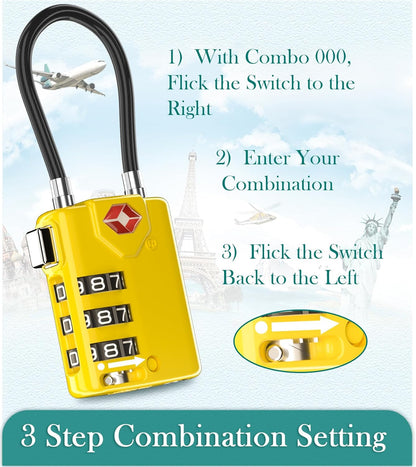 Search Alert TSA Approved Travel Combination Luggage Cable Locks for Suitcase, Gym Locker,Toolbox,Backpack 1,2,4,6 &10 pk (Yellow 2 Pack)