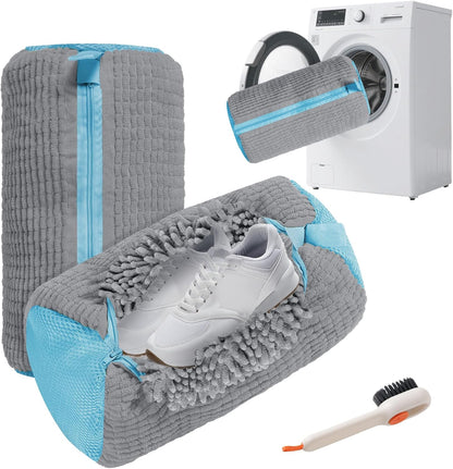 Shoe Washing Machine Bag - 2Pack Laundry Shoe Bag for Washer and Dryer, Reusable Shoe Cleaning Bag for All Shoe Sizes, 360° Deep Clean for Tennis Shoes, Sneakers, Includes 1 Brush(grey)