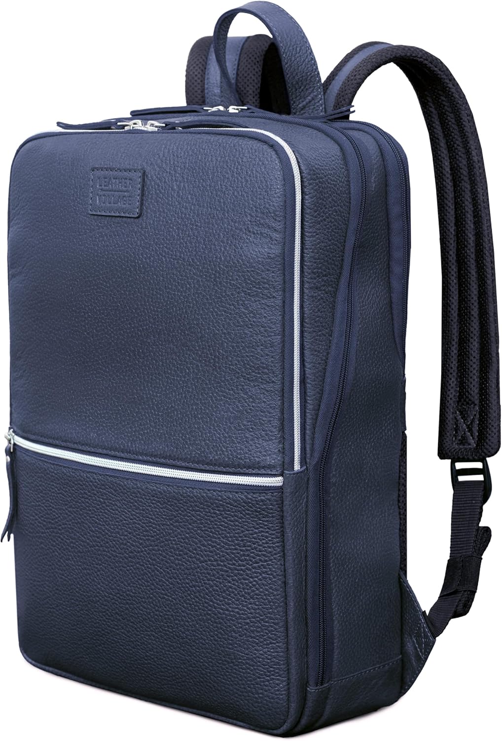 LEATHER VILLAGE Leather Laptop Backpack for Men |Blue | Slim Professional Business Bag Fits 15.6”-Laptop | Water-Repellent Work & Travel Daypack with Trolley Strap