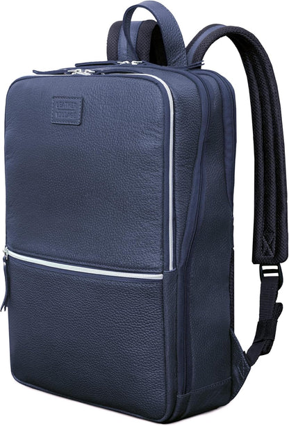 LEATHER VILLAGE Leather Laptop Backpack for Men |Blue | Slim Professional Business Bag Fits 15.6”-Laptop | Water-Repellent Work & Travel Daypack with Trolley Strap