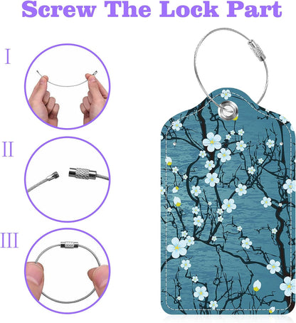 Luggage Tags for Suitcase Japanese Cherry Blossom 2 PCS Leather Travel Cruise Luggage Tag with Stainless Steel Loop Name ID Label Privacy Cover for Women Men Travel Bag Labels Set