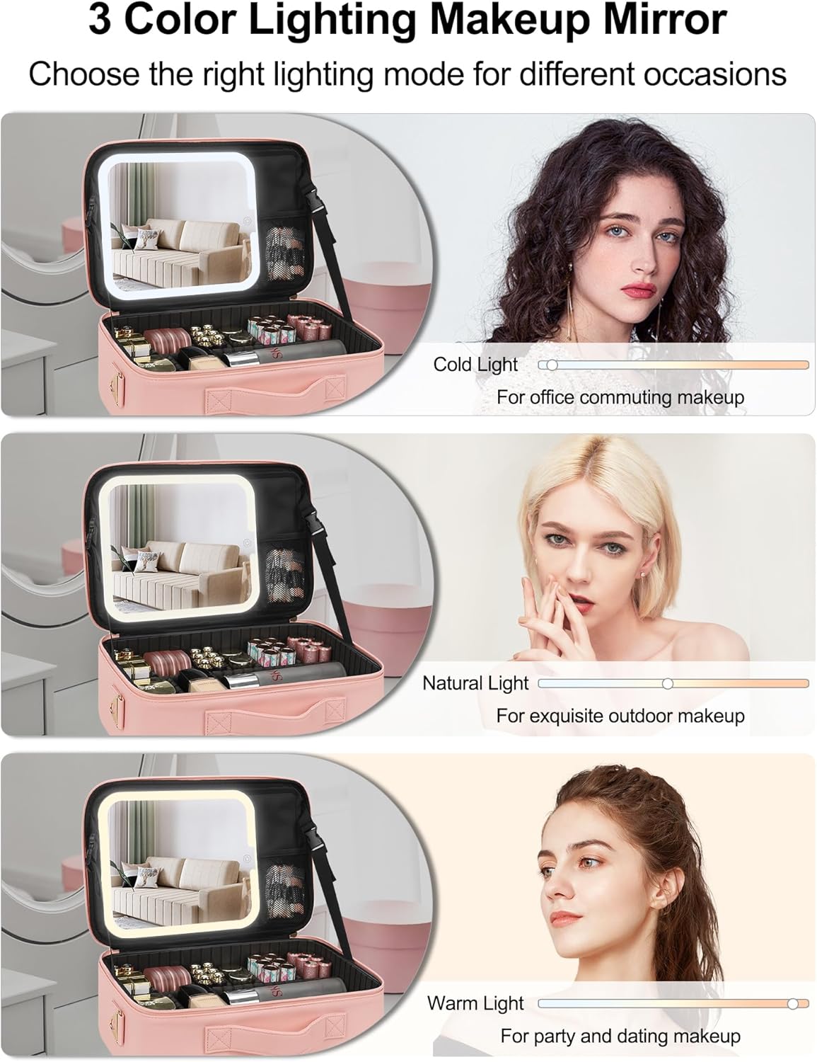 Chomeiu Makeup Bag with LED Mirror, Travel Cosmetic Train Case for Women, Makeup Artists Large Organizer Box with Vanity Light Up Mirror, 3 Color Lights, Adjustable Dividers & Shoulder Strap (Black)