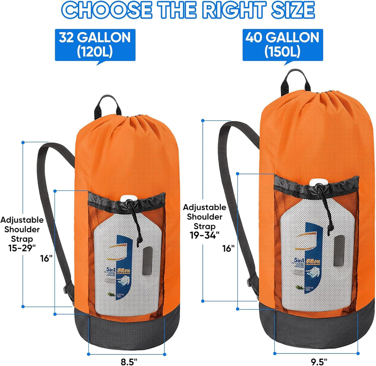 BALEINE 120L Laundry Bag Backpack, 900D Oxford Fabric Large Travel Laundry Bags with Shoulder Straps and 2 Mesh Pockets for College Dorm, Apartment, Laundromat (Orange, 120L)