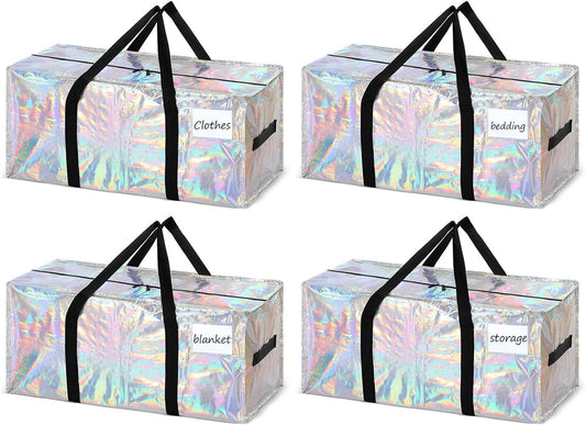 4 Pcs 24 Gallon Large Moving Bags with Zipper and Handles Foldable Storage Duffle Bags Heavy Duty Extra Large Totes for College Dorm Travel Clothes Blankets Bedding Moving (Iridescent)