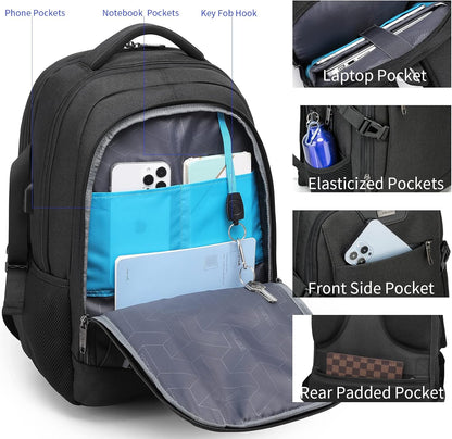 DUSLANG Travel Work Laptop Backpack With USB Charging Charger Port Fits 15.6 Inch Notebook Business Anti Theft College Computer Bag Back Pack for Women Men with Rain Cover - Black