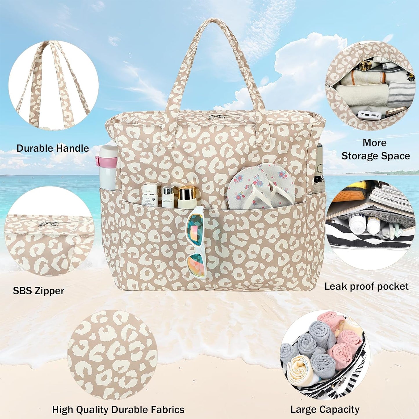 LEDAOU Beach Bag Waterproof Sandproof Women Tote Bag Pool Bag with Zipper for Gym Grocery Travel with Wet Pocket