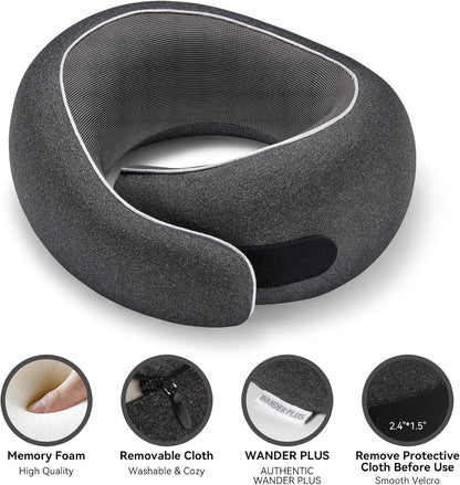 WANDER PLUS® Travel Pillow, 100% Pure Memory Foam Travel Neck Pillow Airplane Neck Support Ergonomic Design Best for Sleeping Plane Car Train Office Flight for Adults Black