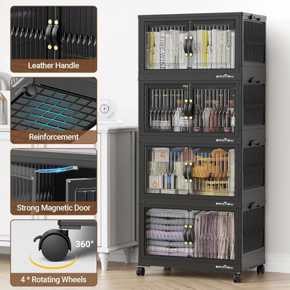 BROVIEW 240Qt Stackable Storage Bins with Lid, Extra Large Closet Organizer Collapsible Drawer Boxes with Wheels, Folding Plastic Cabinet Containers for Home Kitchen Room Organization, 3Pack Black