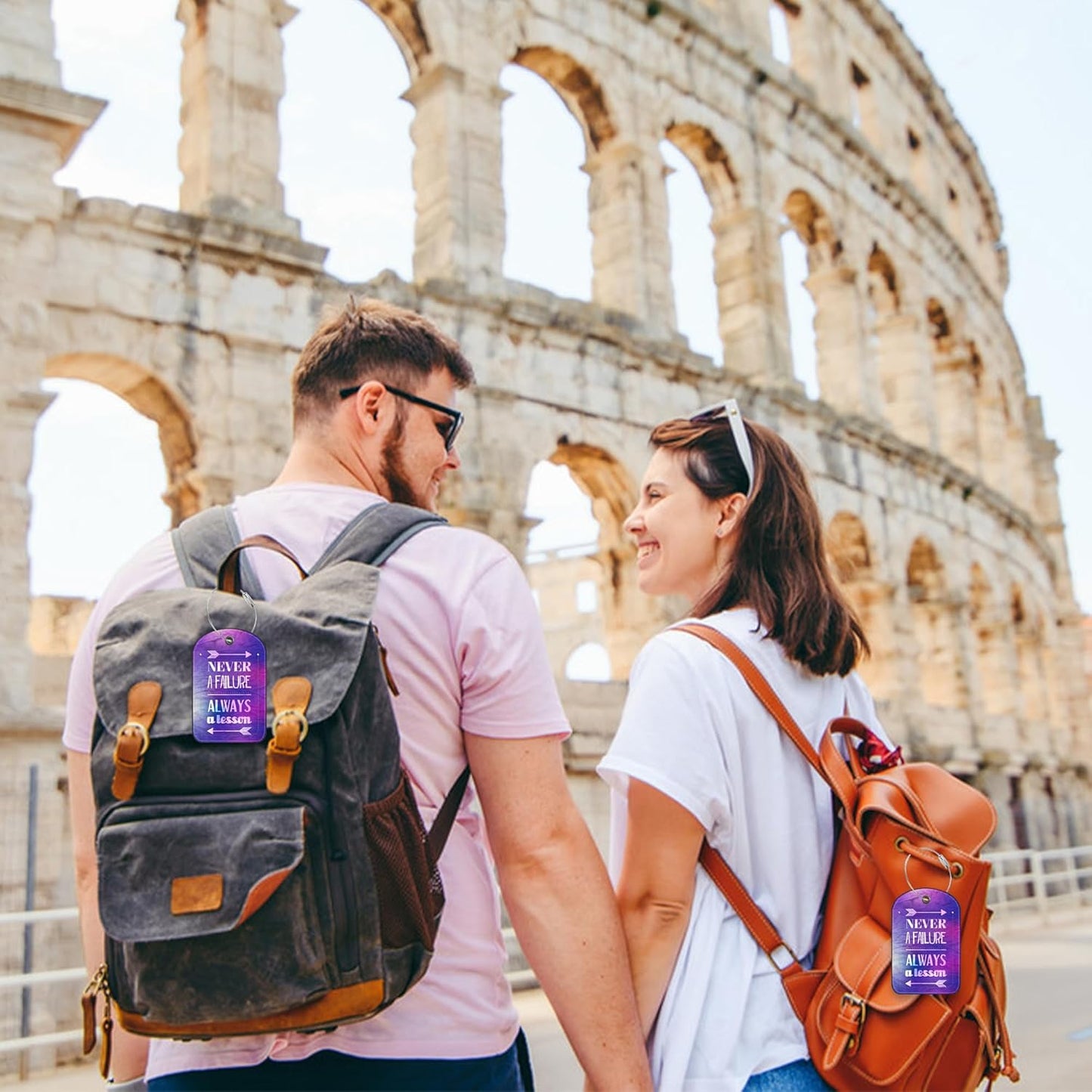 2 Pack PU Luggage Tags for Suitcase, Inspirational Quote Suitcase Tag Leather ID Label Bag Tags with Privacy Cover and Metal Loop for Men Women Travel Bag