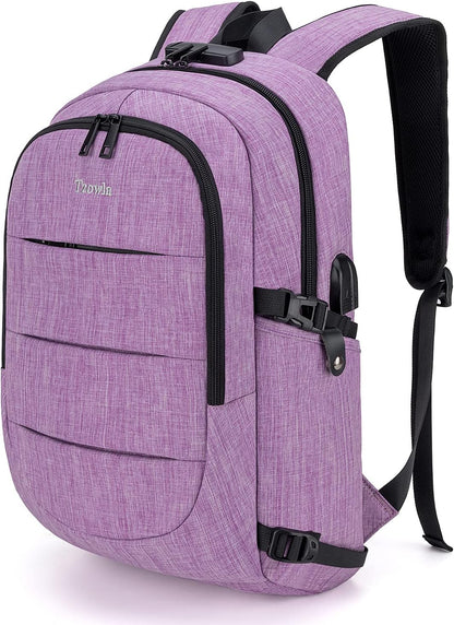 Tzowla Business Laptop Backpack Water Resistant Anti-Theft Backpack with USB Charging Port and Lock 17.3 Inch Computer Backpacks for Women, Casual Hiking Travel Daypack(Purple)
