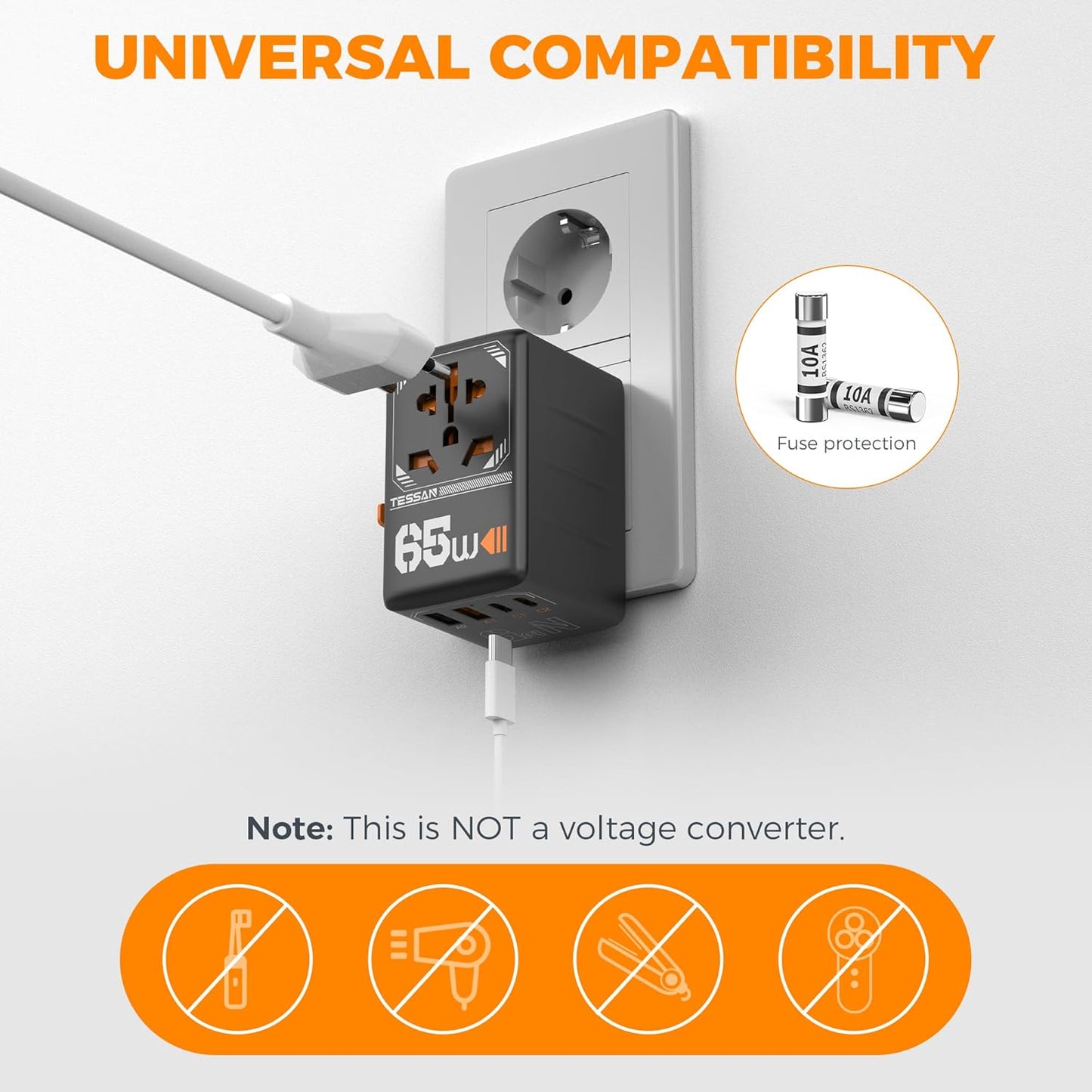 TESSAN Universal Travel Adapter, GaN 65W International Plug Adaptor with 4 USB(2 USB C) Charging Ports, Worldwide Power Outlet for US to European EU UK AUS Ireland(Type C/G/A/I)