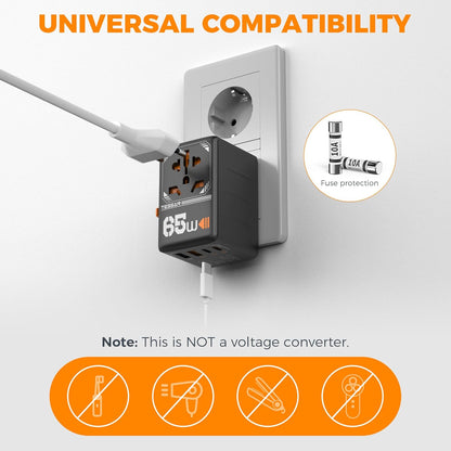 TESSAN Universal Travel Adapter, GaN 65W International Plug Adaptor with 4 USB(2 USB C) Charging Ports, Worldwide Power Outlet for US to European EU UK AUS Ireland(Type C/G/A/I)