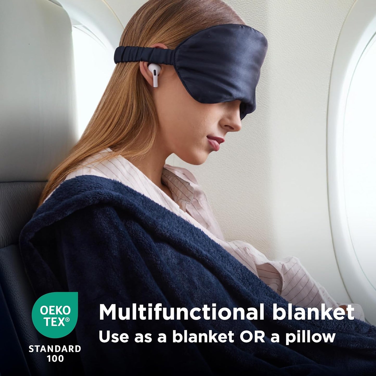 Bedsure Travel Blanket Airplane Compact with Storage Bag, Packable Blanket with Eye Mask, Lightweight 2-in-1 Travel Essentials, Functioned as Pillow for Airplane Comfort and Warmth, Navy