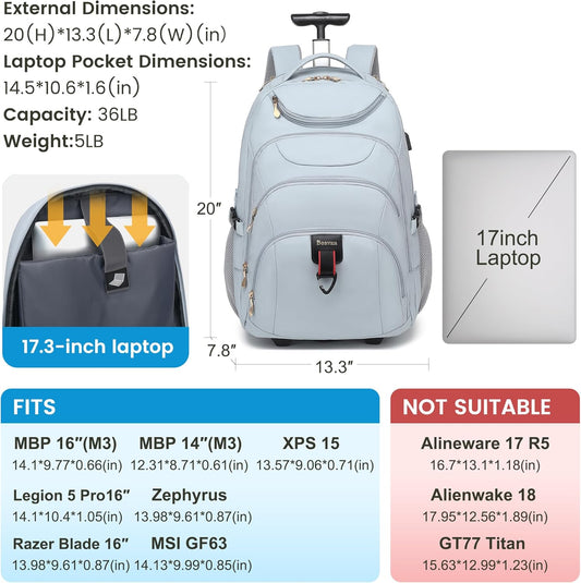 Boavan Rolling Backpack for Women, 17.3 Inch Wheeled Laptop Backpack,Large Travel Carry-On Bag for Teachers College Students, USB Charging Port Waterproof Business for Airplane Overnight Luggage，Blue