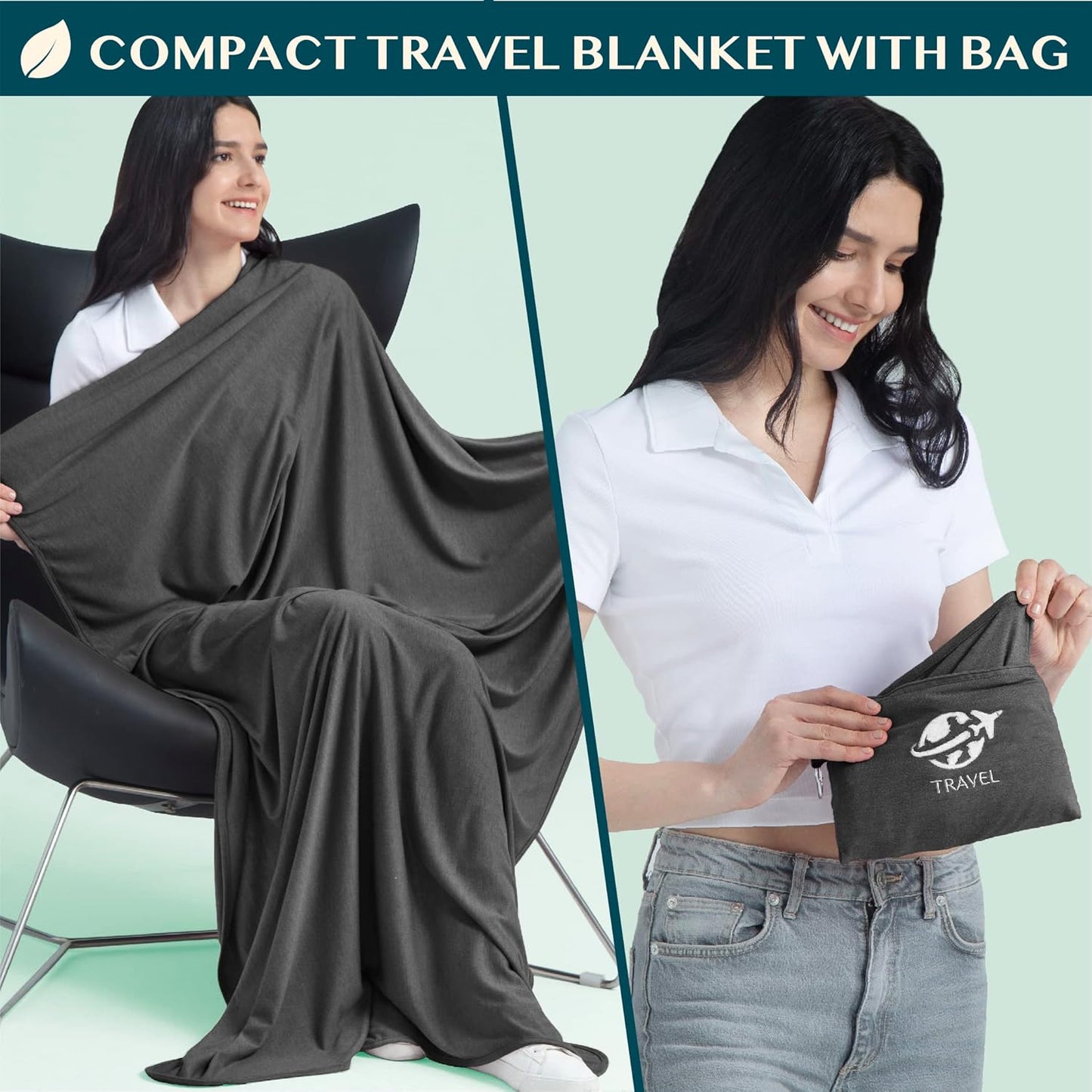 PAVILIA Travel Blanket Airplane Compact with Bag, Small Travel Pillow Blanket for Long Flights, Lightweight Plane Blanket with Luggage Strap, Camping Blanket for Traveler Essentials, Black, 65x40