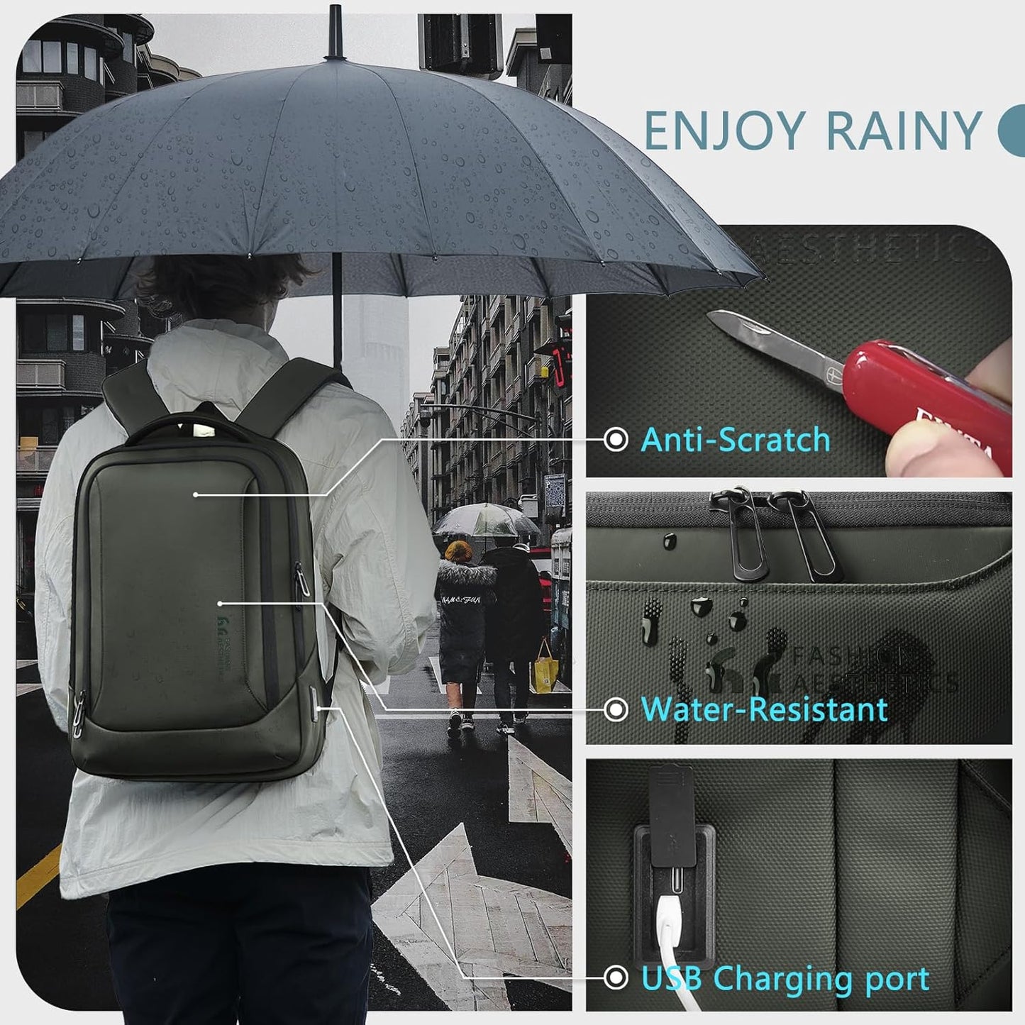 hk Laptop Backpack for Men with USB Charging Port Water-Resistant for 15.6 Inch Computer Bag Durable High-Tech Daypack Casual Backpack for Business Work College Weekender Travel- Green