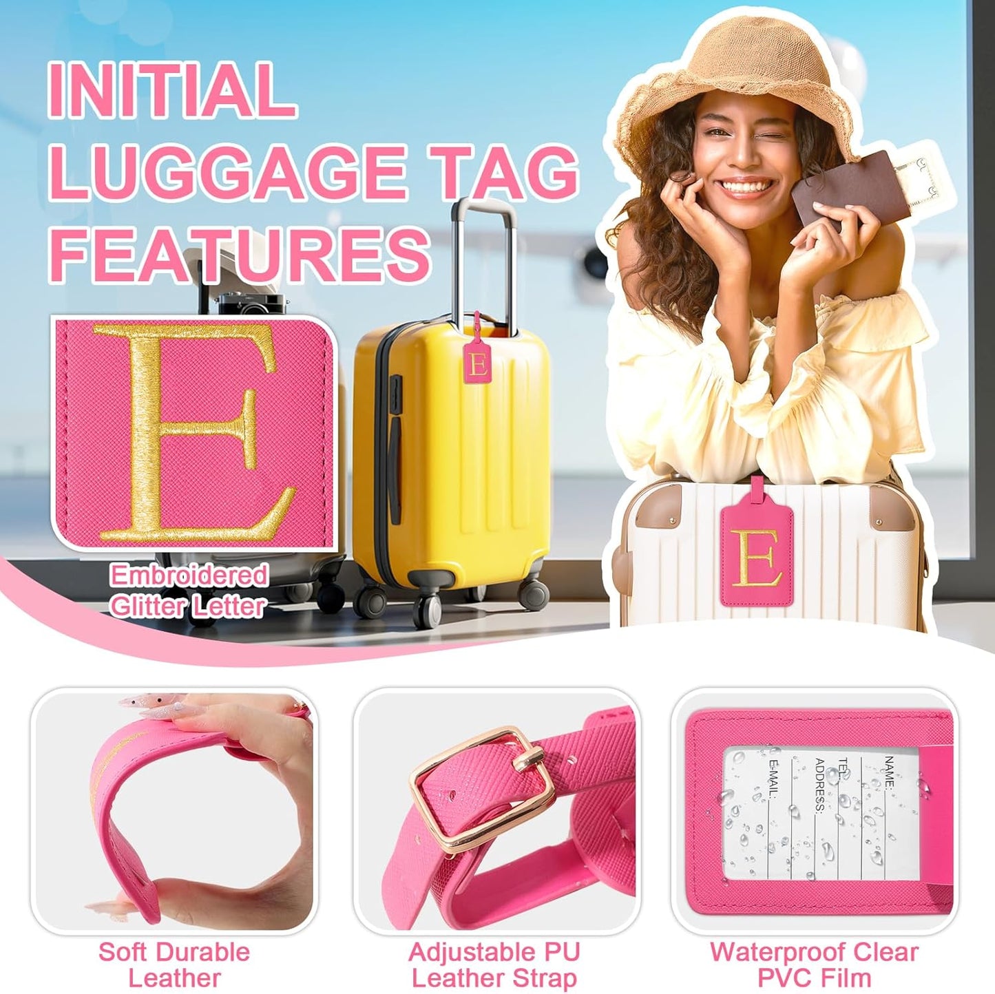 Personalized Rose Red Leather Initial Luggage Tags - Cute Monogram Embroidered Privacy Cover Name Card, Travel Backpack Gift for Women & Kids