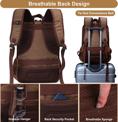 Mactso Canvas Travel Laptop Backpack for Men Women, Business Work Rucksack College Computer Bag Fits 17.3 Inch Notebook,Bookbag with USB Charging Port (Coffee, 17.3 Inch)