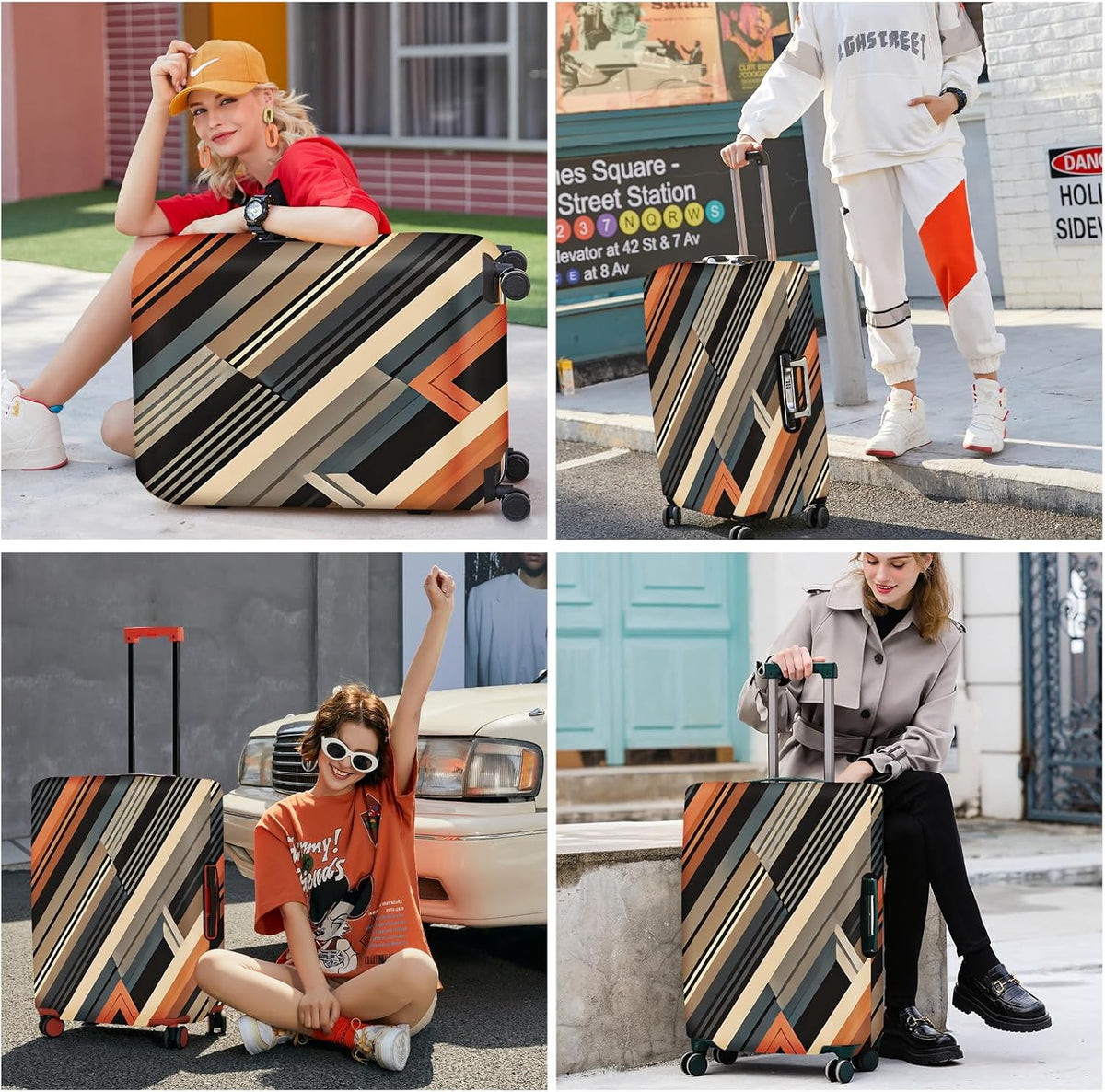 ANNA QUEEN Modern Geometric Luggage Cover, Abstract Striped Suitcase Protector for 20-22 Inch, Durable, Stretchable Travel Cover, Stylish & Washable Luggage Sleeve