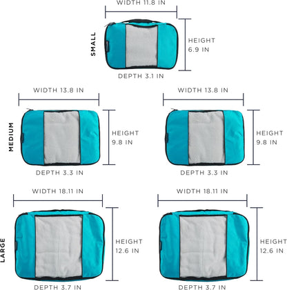 TravelWise Luggage Packing Organization Cubes 5 Pack, Teal, 2 Small, 2 Medium, 1 Large (TWPC-24)