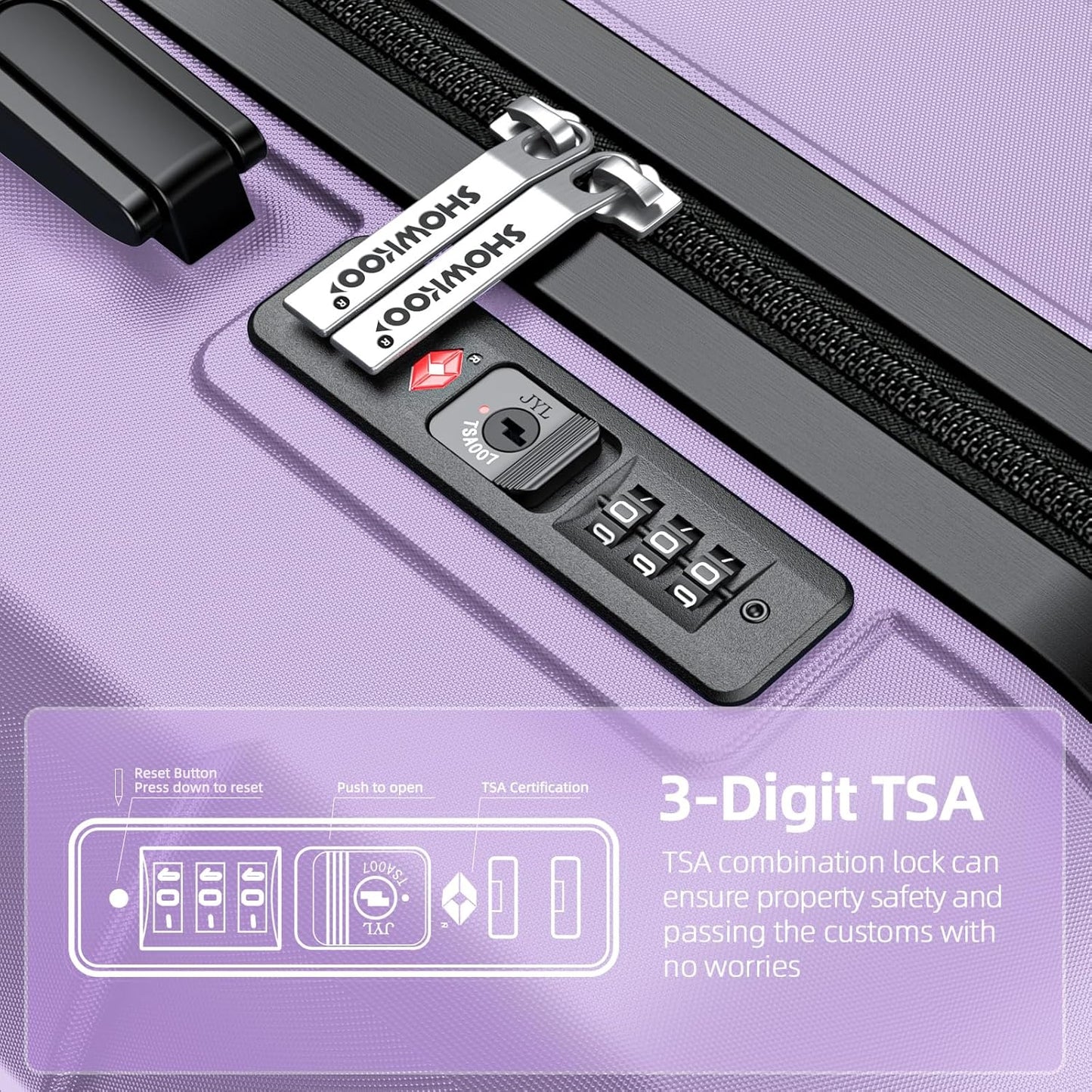 SHOWKOO Luggage Sets Expandable PC+ABS Durable Suitcase Double Wheels TSA Lock Lavender Purple 3pcs