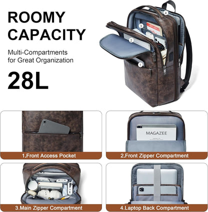 Vegan Leather Laptop Backpack for Women&Men,16 Inch Expandable Backpack with USB Charging Port,Two-toned Coffee
