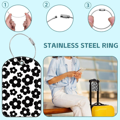 Vintage Groovy Flowers Luggage Tag for Suitcase Set of 2 PU Leather Cute Luggage Tags with Stainless Metal Loop ID Label Privacy Flap Suitcase Tags for Women and Men Travel