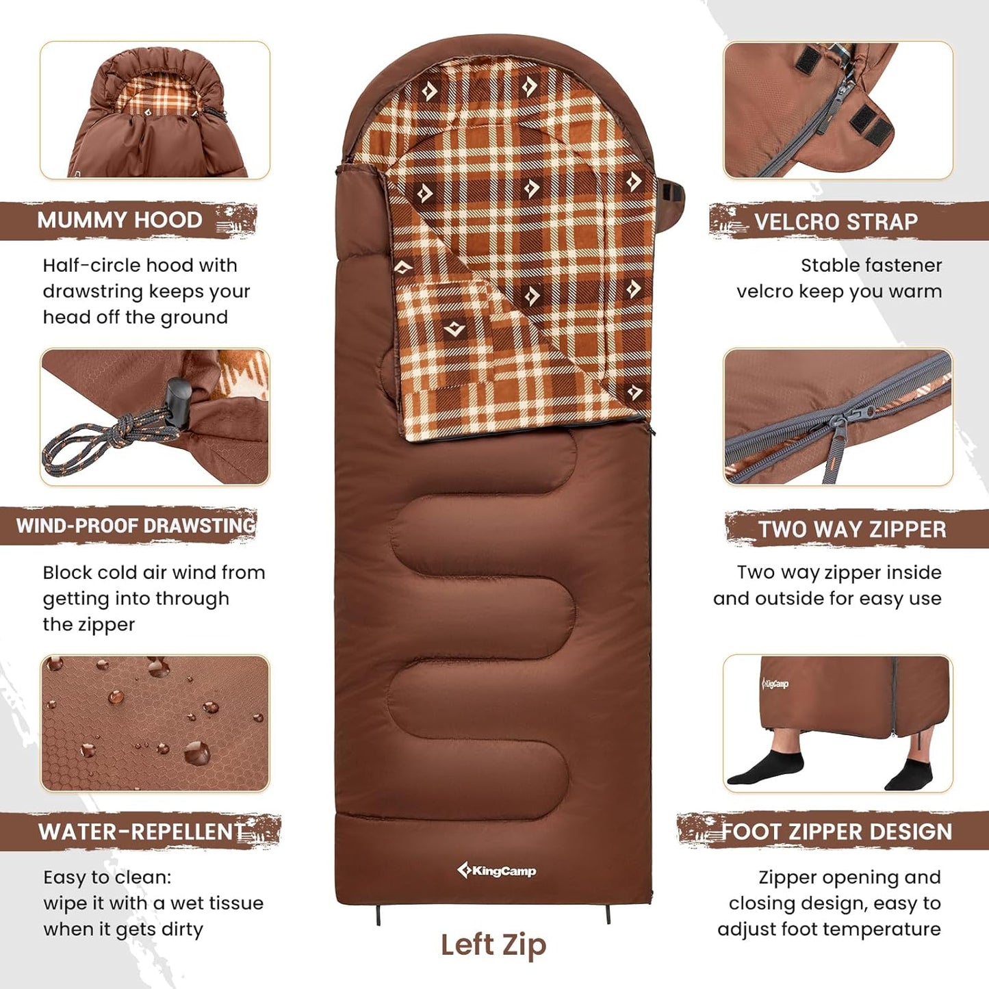 KingCamp Sleeping Bag for Adults, Cold Weather & Warm XL Big and Tall Flannel Sleeping Bags with Compression Sack Portable Waterproof Essentials Gear Accessories for Outdoor Camping