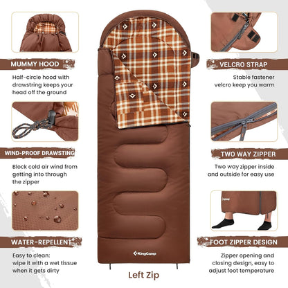 KingCamp Sleeping Bag for Adults, Cold Weather & Warm XL Big and Tall Flannel Sleeping Bags with Compression Sack Portable Waterproof Essentials Gear Accessories for Outdoor Camping