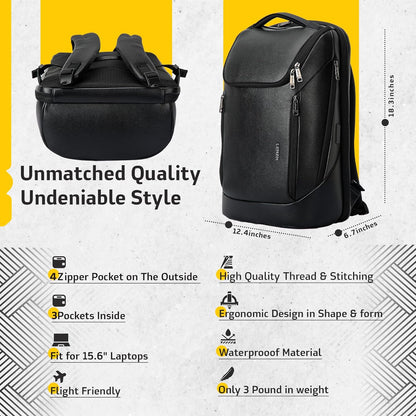 Durable Leather Laptop Business Backpack Perfect for Men & Women, Work Backpack Fits 15.6 Inch, Premium Quality Travel Bag with USB Charging Port, Water-Resistant, Bookbag with Multiple Pockets