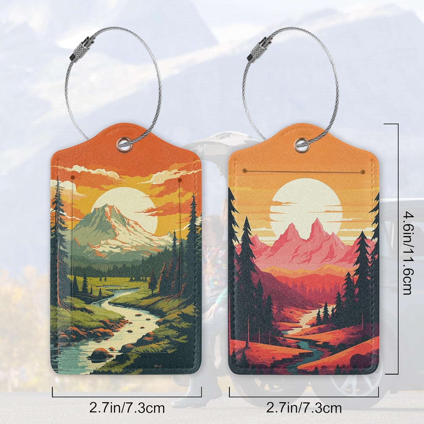 Vintage Mountain 2 Pack Luggage Tag for Suitcase, Cute Unique Leather Bag Tags Identifiers Privacy Cover ID Label with Durable Steel Loop for Women Men Kids Girls Travel