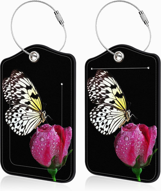 2 Pack Luggage Tags for Suitcases Butterfly on Pink Rose Leather Luggage Tags Privacy Cover ID Label with Stainless Steel Loop and Address Card for Women Men Travel Bag Backpack