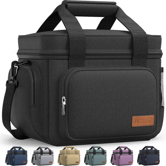 HOTOR Lunch Box for Men and Women - Leak-Proof Insulated Lunch Cooler Bag with Adjustable Strap, Multiple Pockets for Office, Picnic, Hiking, Beach, 1 Layer, 8L, Black, 9.8" x 8.7" x 5.9"