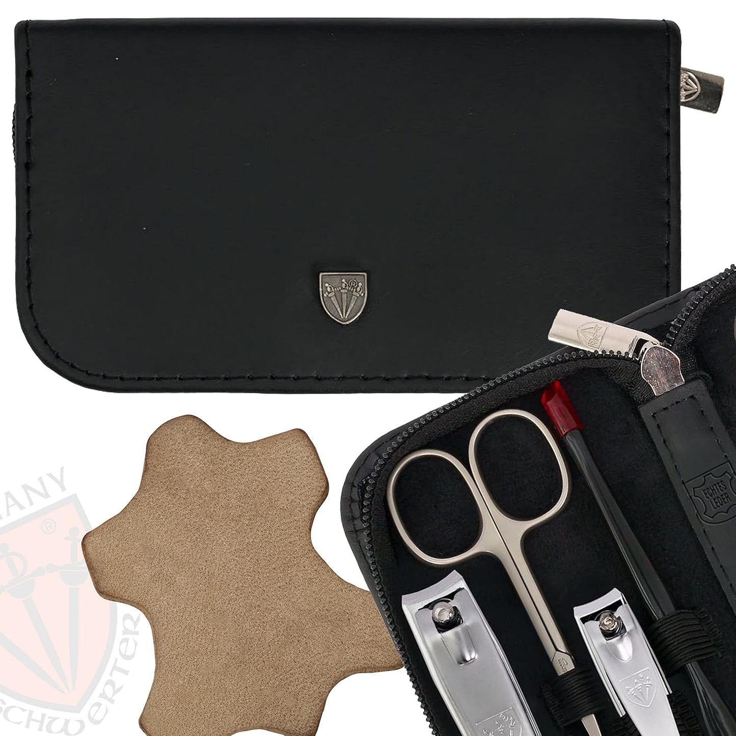 3 Swords Germany – brand quality 8 piece manicure pedicure grooming kit set for professional nail care with genuine leather case black - Made in Germany