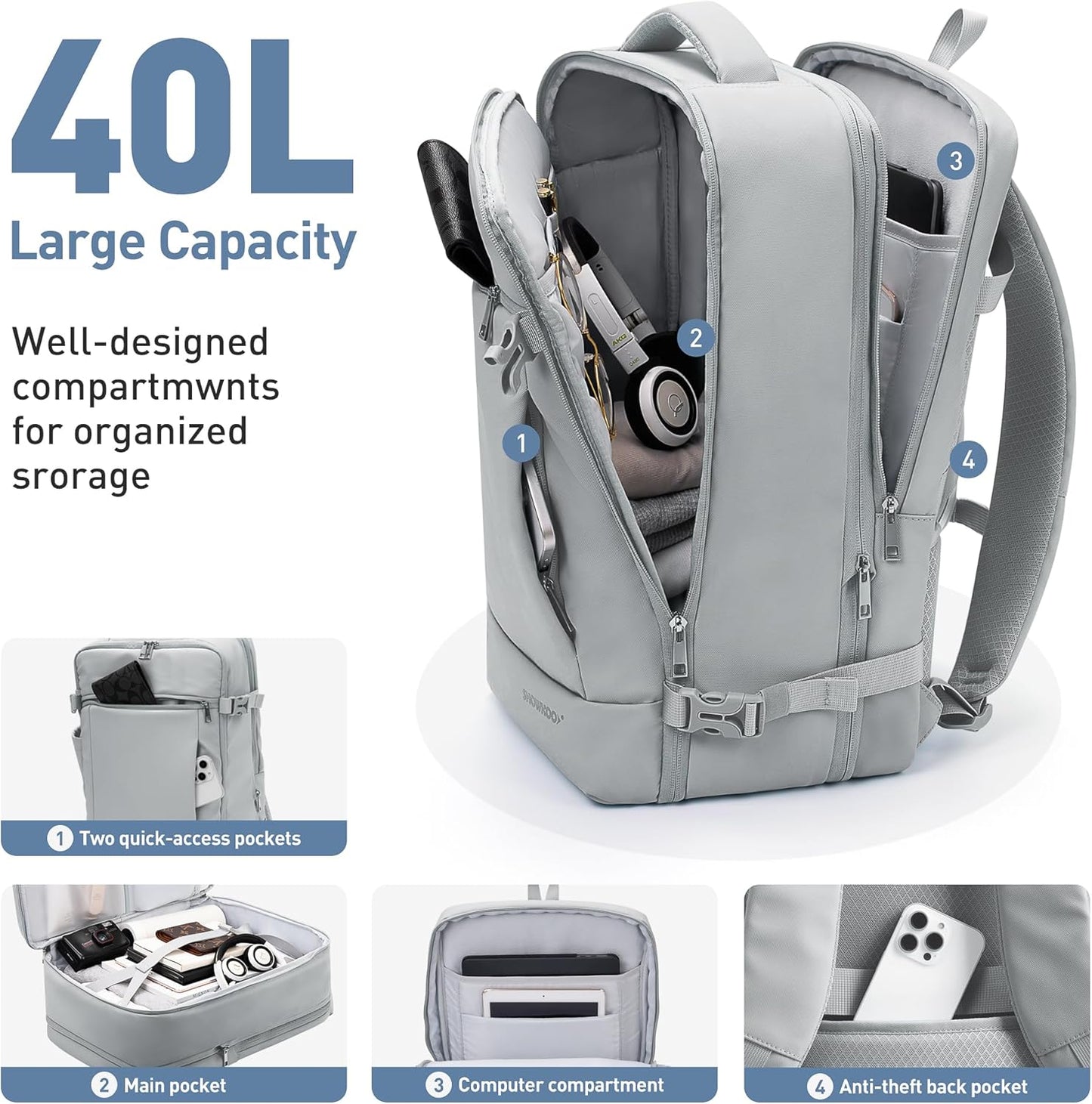 SHOWKOO 40L Travel Backpack for Men & Women, Airline Approved Carry On Laptop Backpack Fits 17.3", Waterproof Personal Item Bag Expandable Large Capacity Weekender Backpack