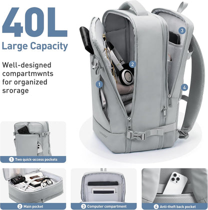 SHOWKOO 40L Travel Backpack for Men & Women, Airline Approved Carry On Laptop Backpack Fits 17.3", Waterproof Personal Item Bag Expandable Large Capacity Weekender Backpack