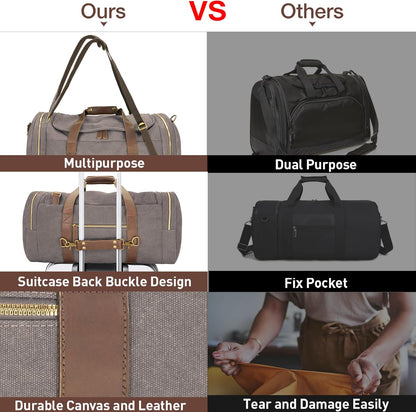 60L Travel Bags for Men, Nomad Canvas Duffle Bag Vintage Genuine Leather Travel Duffel Bag Multifunctional Weekender Overnight Backpack with Shoes Compartment (Grey, X Large-60L)