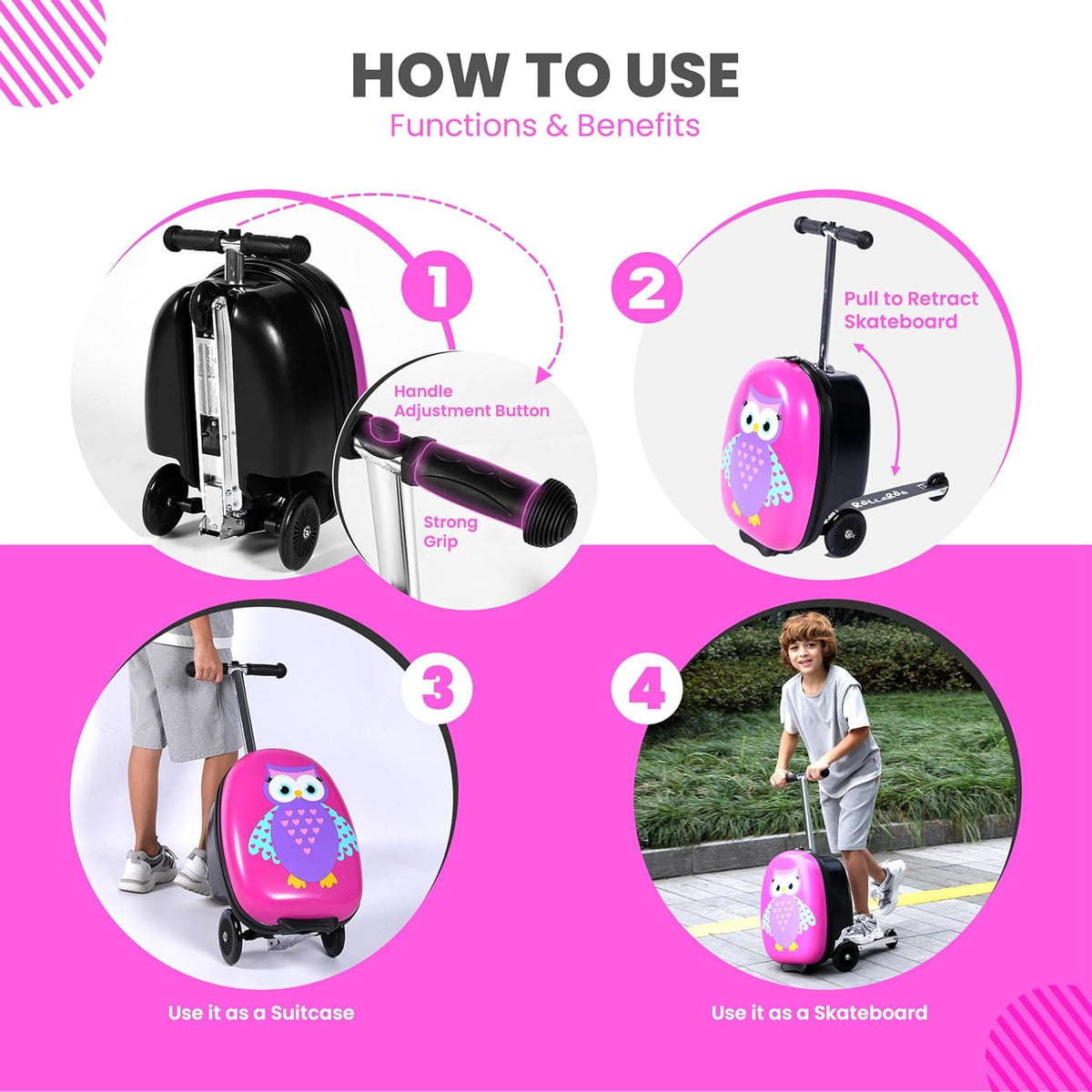 Owl Kids Scooter Suitcase - Folding Kids Luggage with Wheels - Multifunctional Ride on Luggage Travel suitcase with Strong Grip, Easy Locks and Zippers – Capacity to Hold 110LB