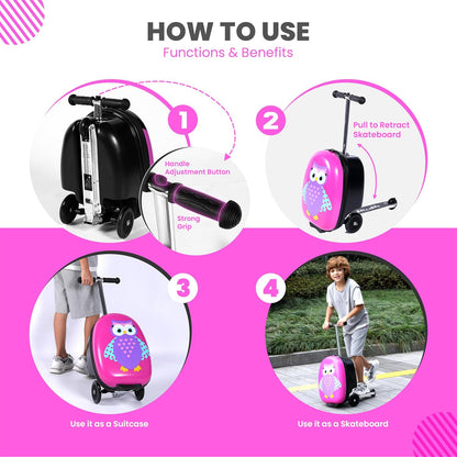 Owl Kids Scooter Suitcase - Folding Kids Luggage with Wheels - Multifunctional Ride on Luggage Travel suitcase with Strong Grip, Easy Locks and Zippers – Capacity to Hold 110LB