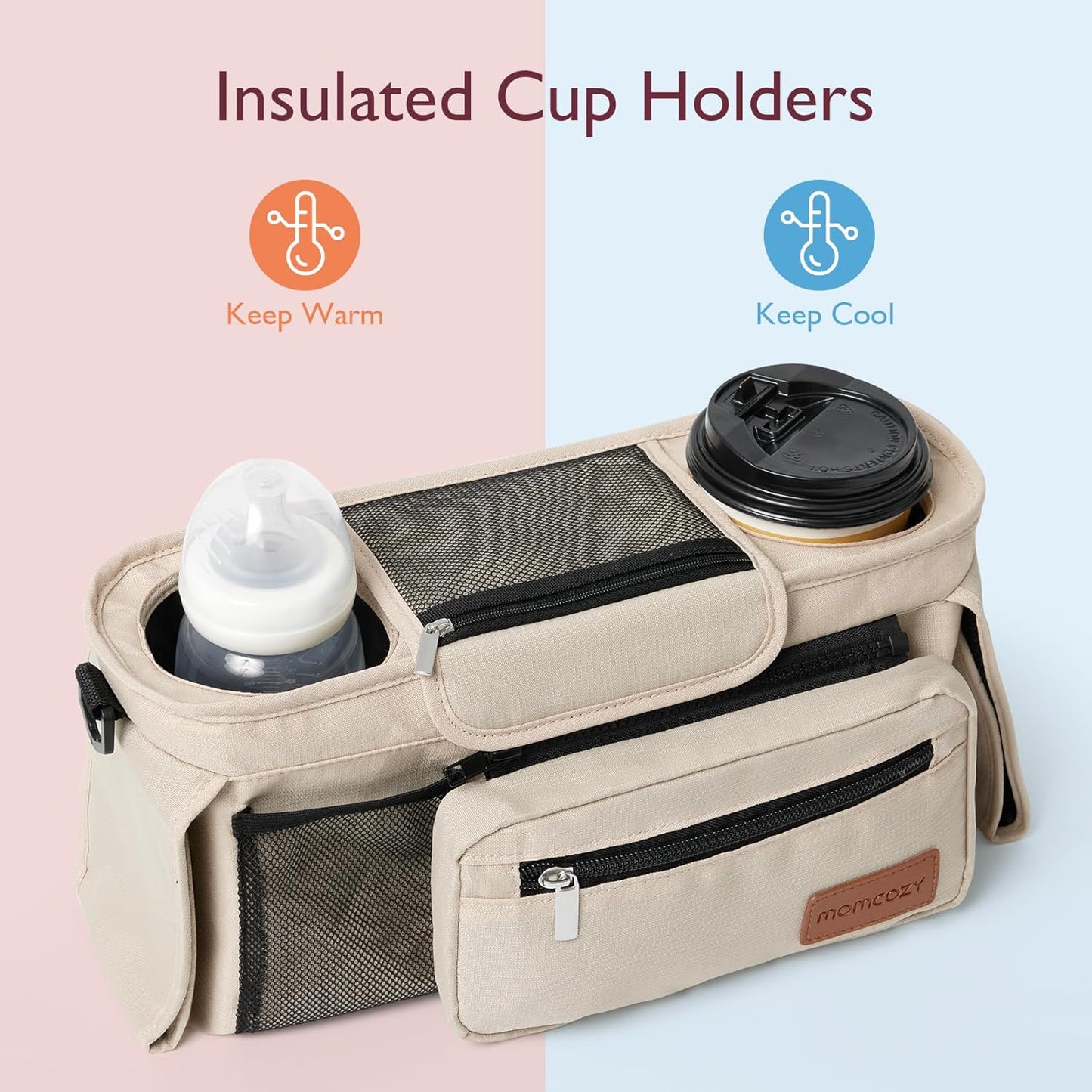 Momcozy Universal Stroller Organizer with Insulated Cup Holder Detachable Phone Bag & Shoulder Strap, Fits for Stroller like Uppababy, Baby Jogger, Britax, BOB, Umbrella and Pet Stroller