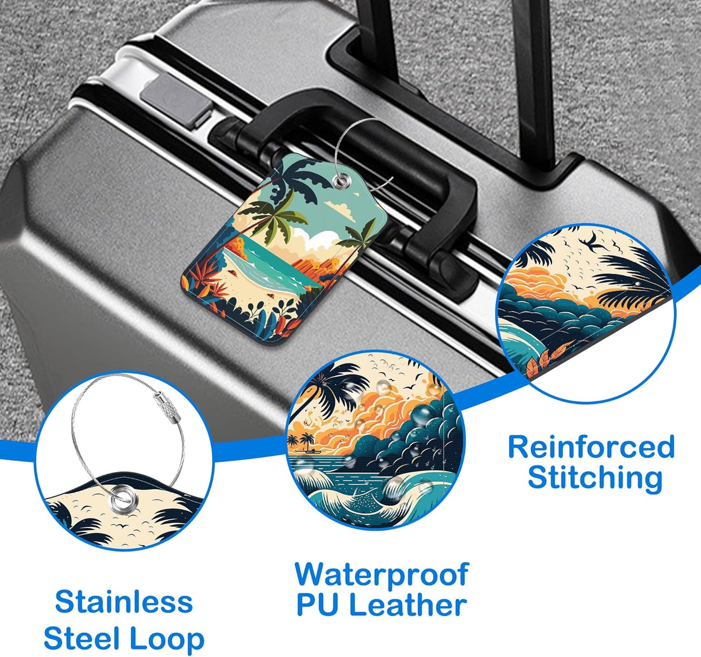 Tropical Beach at Sunset Luggage Tags for Suitcases Leather Travel Tags for Luggage ID Label with Privacy Cover and Stainless Steel Loop for Men Women Suitcase Backpack, Set of 2